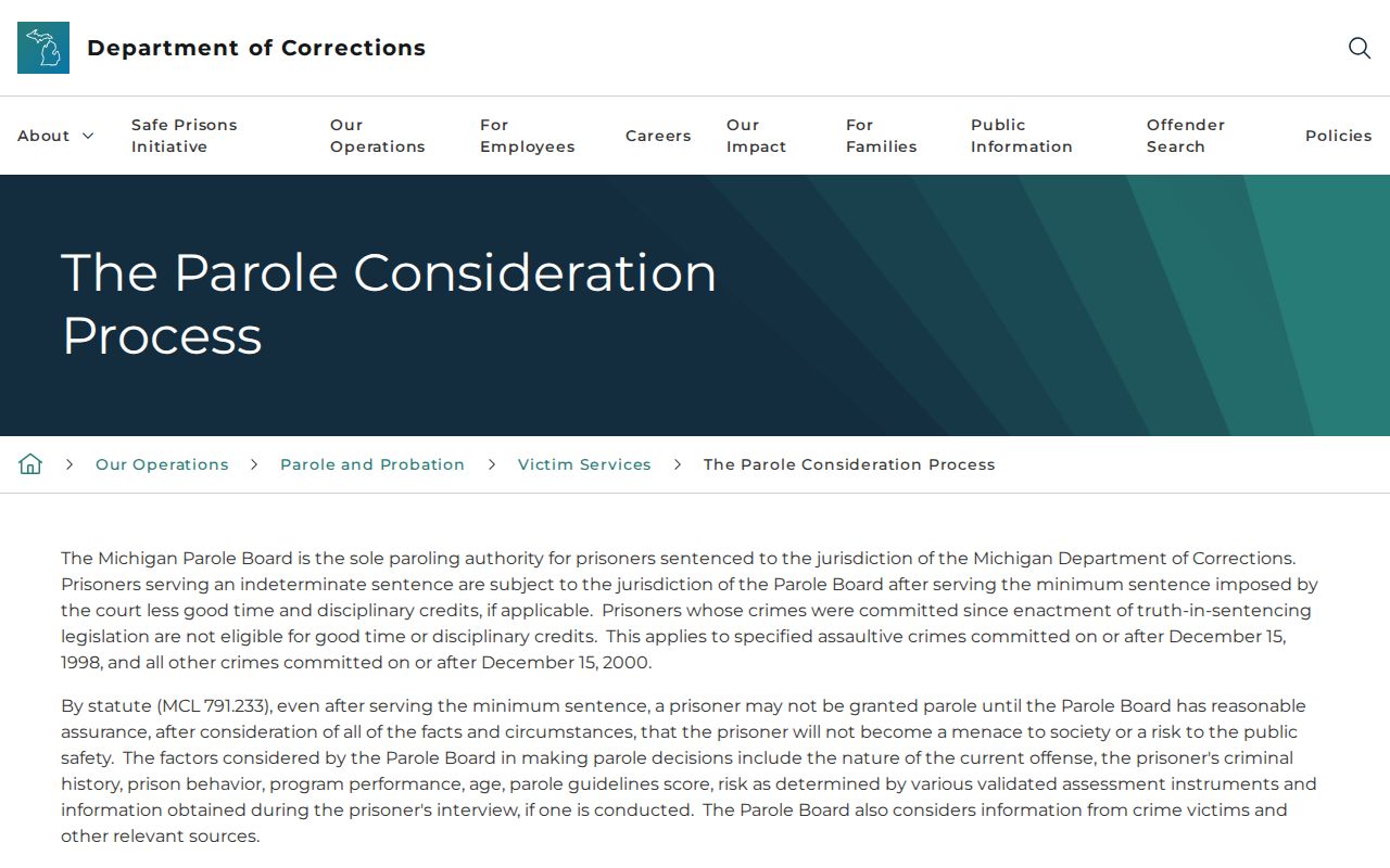Michigan parole eligibility and projected release rules for Gratiot County