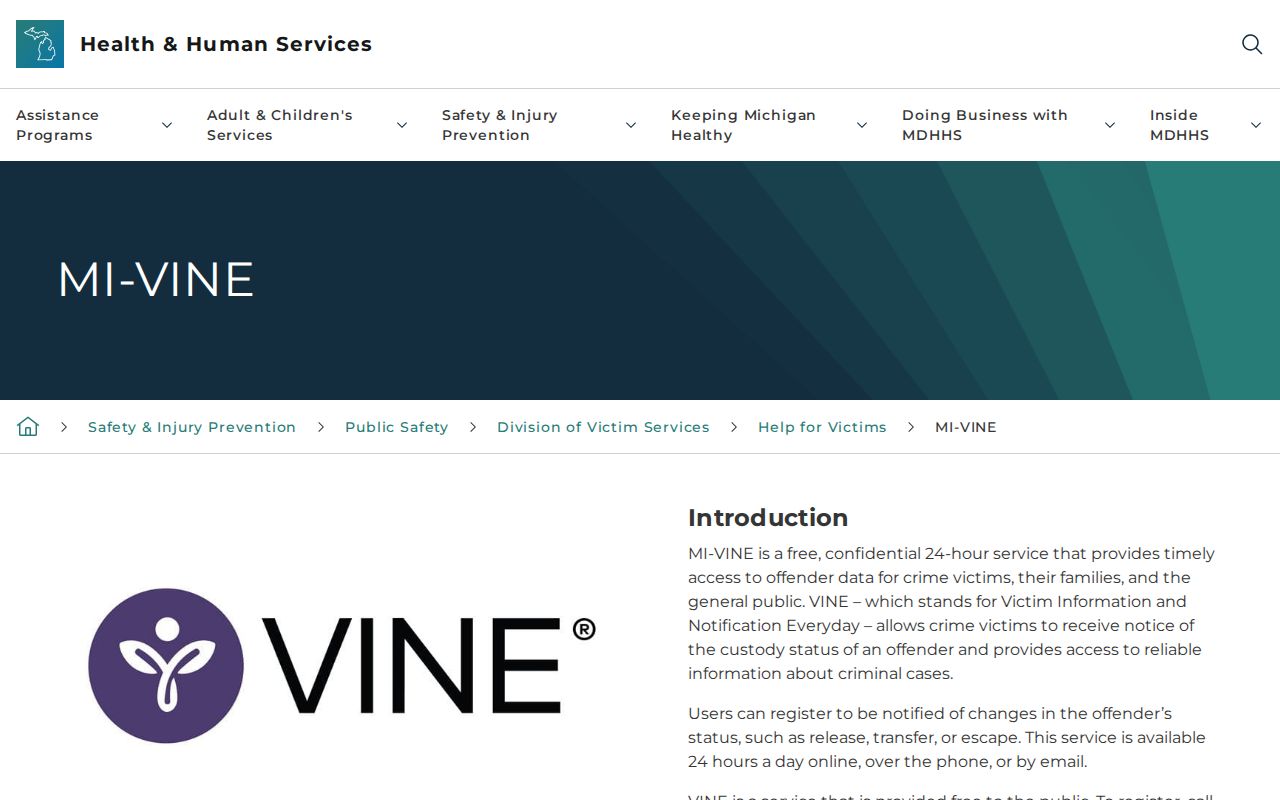 Official Michigan MI-VINE Gratiot County release notification overview